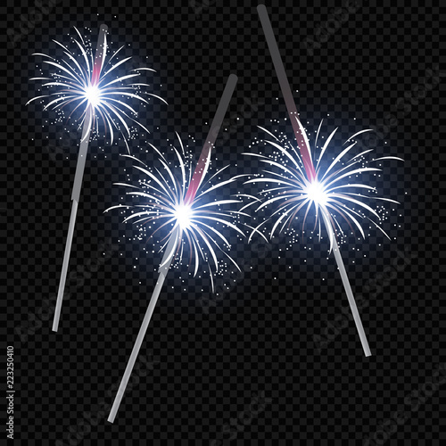 Christmas realistic bengal light effect. Isolated sparkler light vector design elements. Transparent template of glowing sparkler for Xmas Holiday greeting card design. Happy New Year decoration light