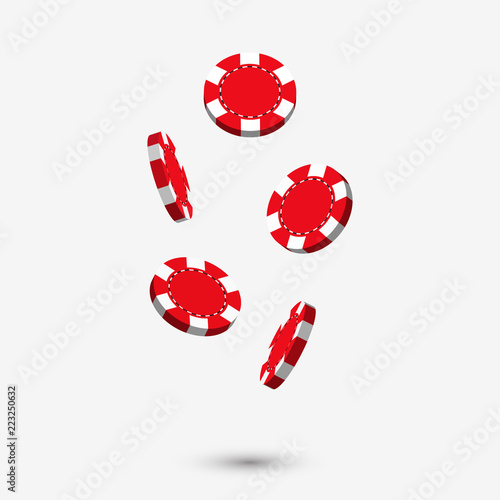 Falling red casino chips in 3d style design with shadow isolated on white background. Gaming illustration.