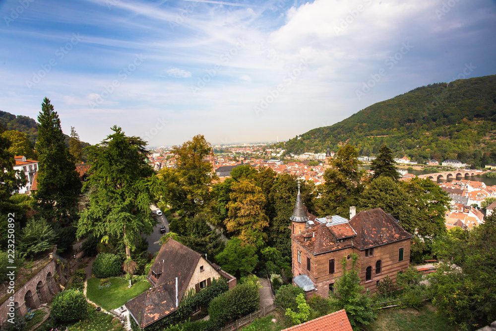 View across the city of Heidelberg Germany with rooftop, old architecture and hillside
