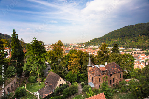 View across the city of Heidelberg Germany with rooftop, old architecture and hillside