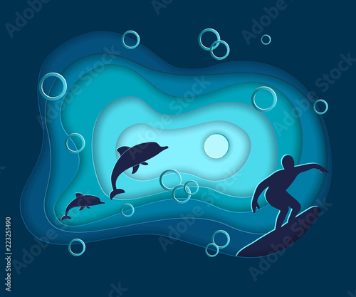 Paper cut, vector sea ocean water landscape with waves, dolphins, surfing, layers in 3d style origami design. Blue background for banner advertising.