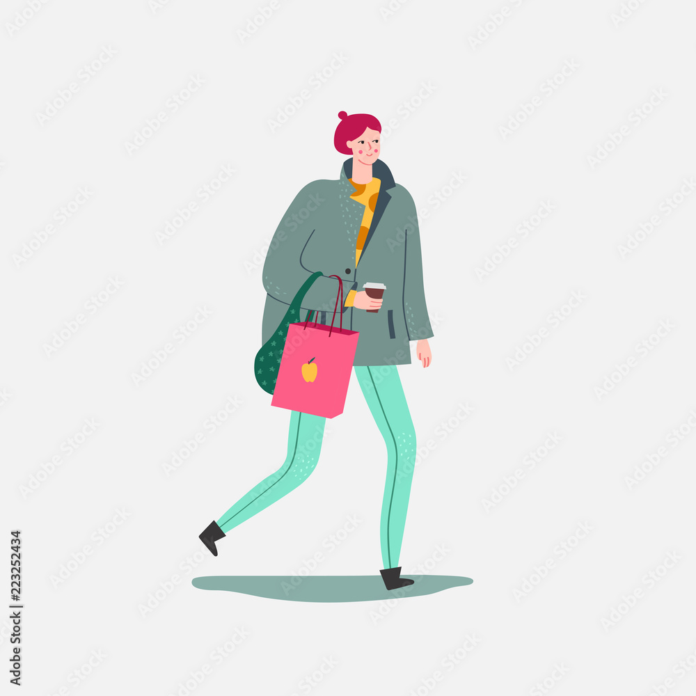 Young woman with hair bun stroll after shopping (vector). Young woman with hair bun stroll after shopping (vector).
