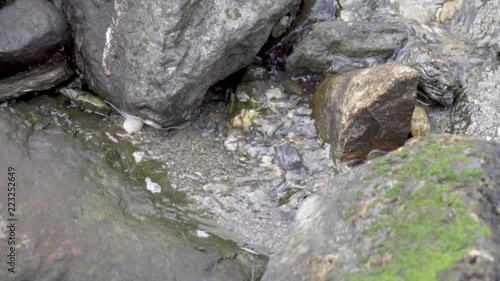 Water running from waterfall to the fjord between rocks_slomo photo