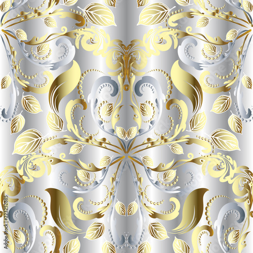 White vintage floral 3d vector seamless pattern. Silver textured ornamental background. Gold floral antique Damask ornament. Elegance 3d flowers, leaves, swirls, lines, dots. Endless ornate texture.