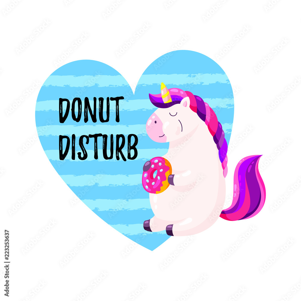 Obraz premium Cute cartoon vector unicorn with donut. Template for postcard, design for T-shirt