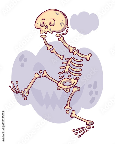Cartoon character. Funny headless skeleton with skull in his hands. Scary pumpkin background