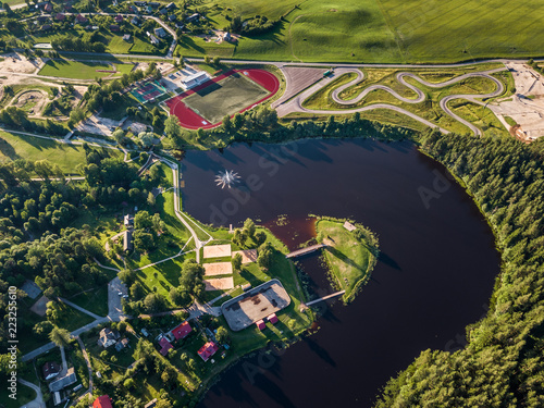 Drone Photo of the City with the Lake and Stadium