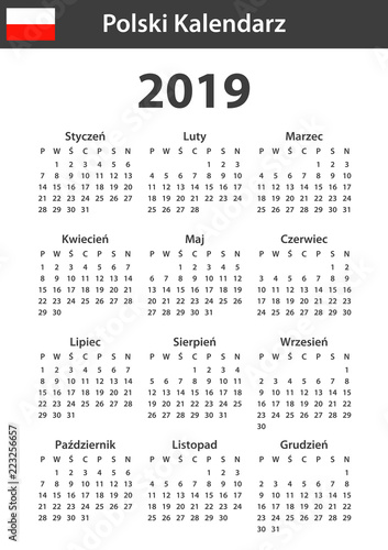 Polish Calendar for 2019. Scheduler, agenda or diary template. Week starts on Monday