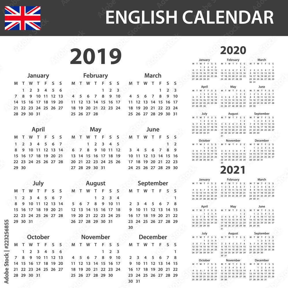 English Calendar for 2019. Scheduler, agenda or diary template. Week starts on Monday