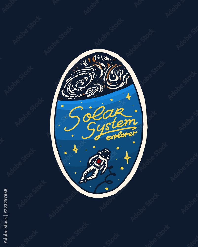 Naklejka premium Vintage Space logo. Exploration of the astronomical galaxy. mission astronaut or spaceman. cosmonaut adventure. satellite badge emblem patch sticker. engraved hand drawn sketch.
