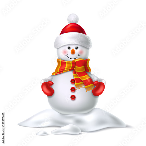 Vector cute realistic snowman in mittens scarf hat