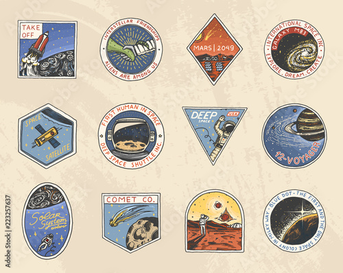 Set of Space logo. Human mission to Mars. Exploration of the astronomical galaxy. Astronaut or spaceman adventure. Planets and satellites badge emblem patch sticker. engraved hand drawn Vintage sketch