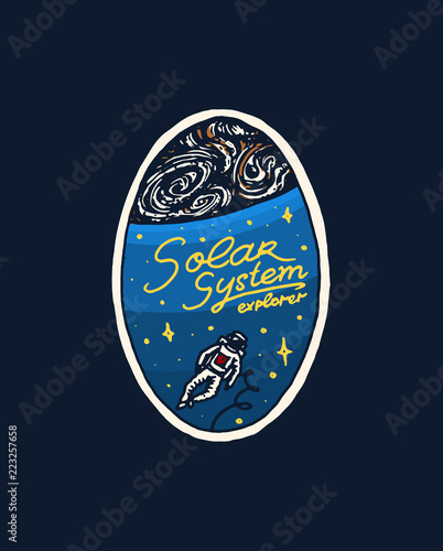 Vintage Space logo. Exploration of the astronomical galaxy. mission astronaut or spaceman. cosmonaut adventure. satellite badge emblem patch sticker. engraved hand drawn sketch.
