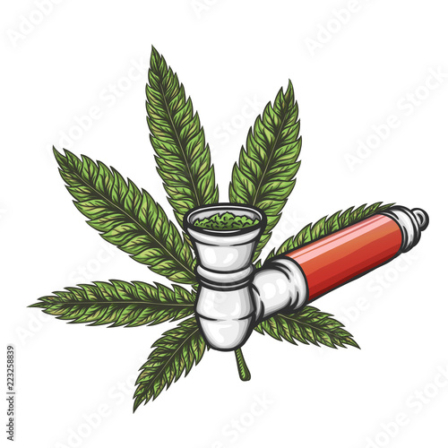 Cannabis leaf with pipe. Vector eps10 isolated illustration.