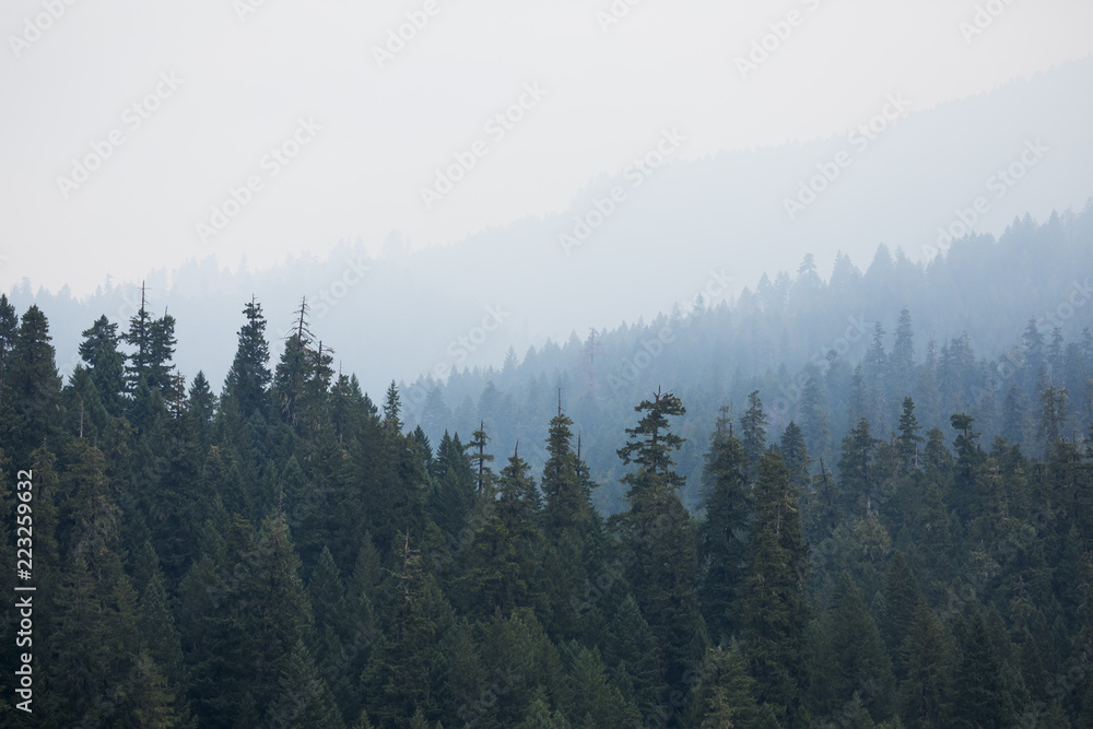 Smoke covered mountains from the Terwilliger Fire in the Willamette National Forest.