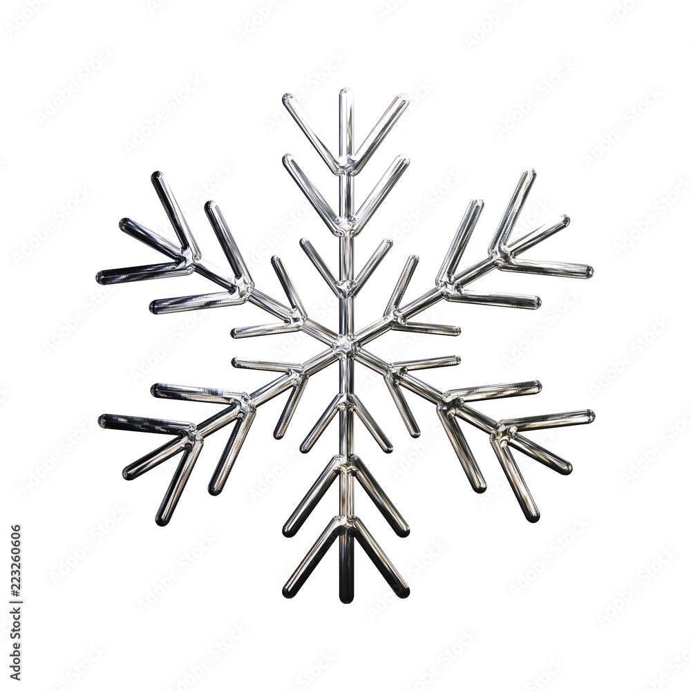 3D Schneeflocke Symbol mit glänzender Metall Textur auf weißem Hintergrund 3D Schneeflocke Symbol mit glänzender Metall Textur auf weißem Hintergrund