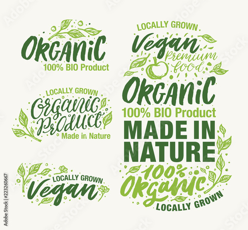 Organic Product, Made in Nature and Locally Grown Vegan logos and elements collection for food market, ecommerce, products promotion, healthy life and premium quality food and drink. Hand typography. 