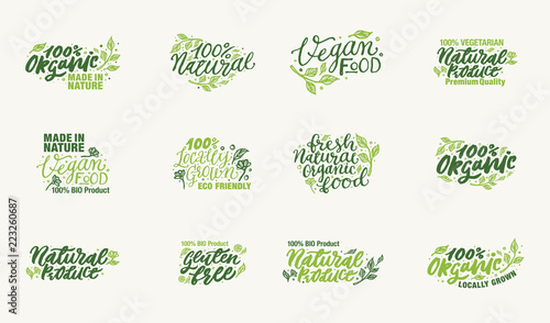 Organic Product, Made in Nature and Locally Grown Vegan logos and elements collection for food market, ecommerce, products promotion, healthy life and premium quality food and drink. Hand typography. 
