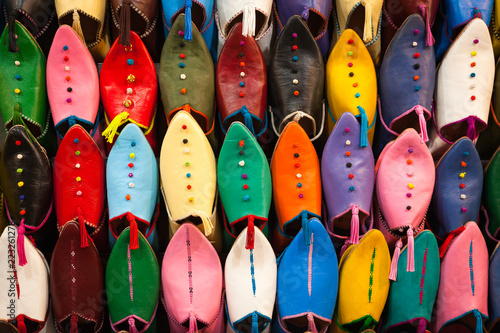 Colorful slippers for sale in Marrakesh souq, Morocco photo