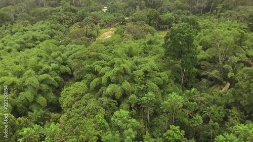 Aerial view of lush green forest in Kribi in Cameroon, west Africa. Drone moves forward and tilts up to show cloudy sky. photo