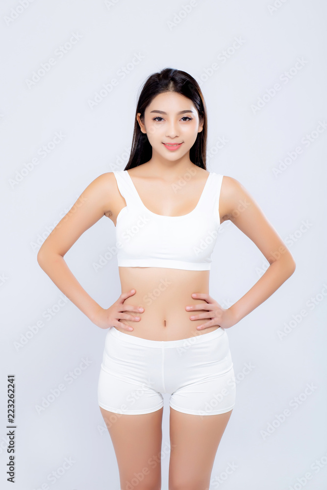 Portrait young asian woman smiling beautiful body diet with fit isolated on white background, model girl weight slim with cellulite or calories, health and wellness concept. Portrait young asian woman smiling beautiful body diet with fit isolated on white background, model girl weight slim with cellulite or calories, health and wellness concept.