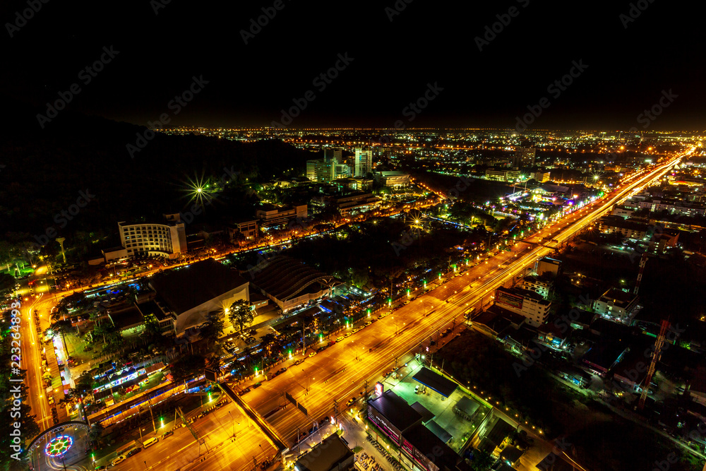 Long exposure, Aerial view highway in city downtown Chonburi Thailand, photo taken by long exposure techniques 