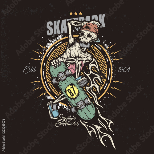 The skeleton doing a trick on a skateboard