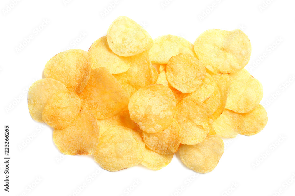 Tasty crispy potato chips on white background Tasty crispy potato chips on white background