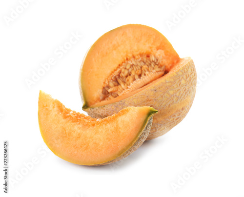 Sliced tasty ripe melon on white background