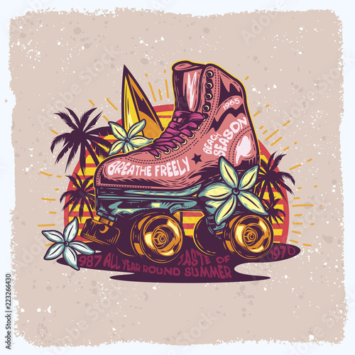 Roller skates on the beach, at sunset. Vector illustration, with orchids, palm trees and surfboard