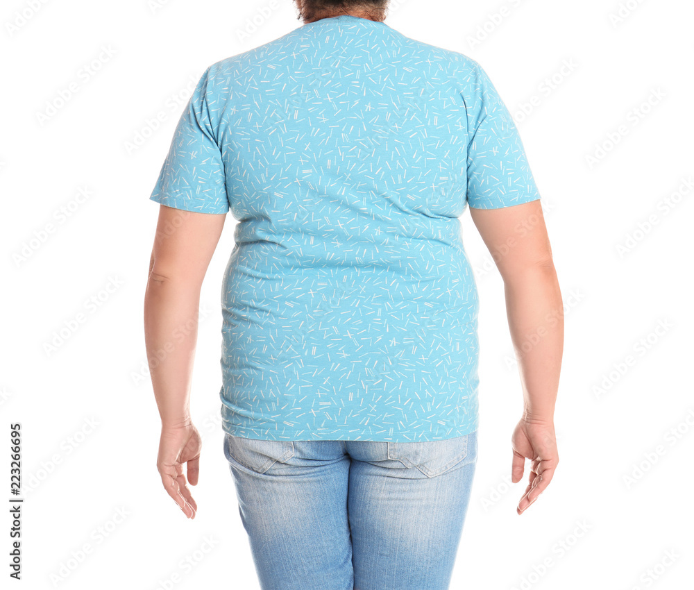 Fat woman on white background, closeup. Weight loss Fat woman on white background, closeup. Weight loss