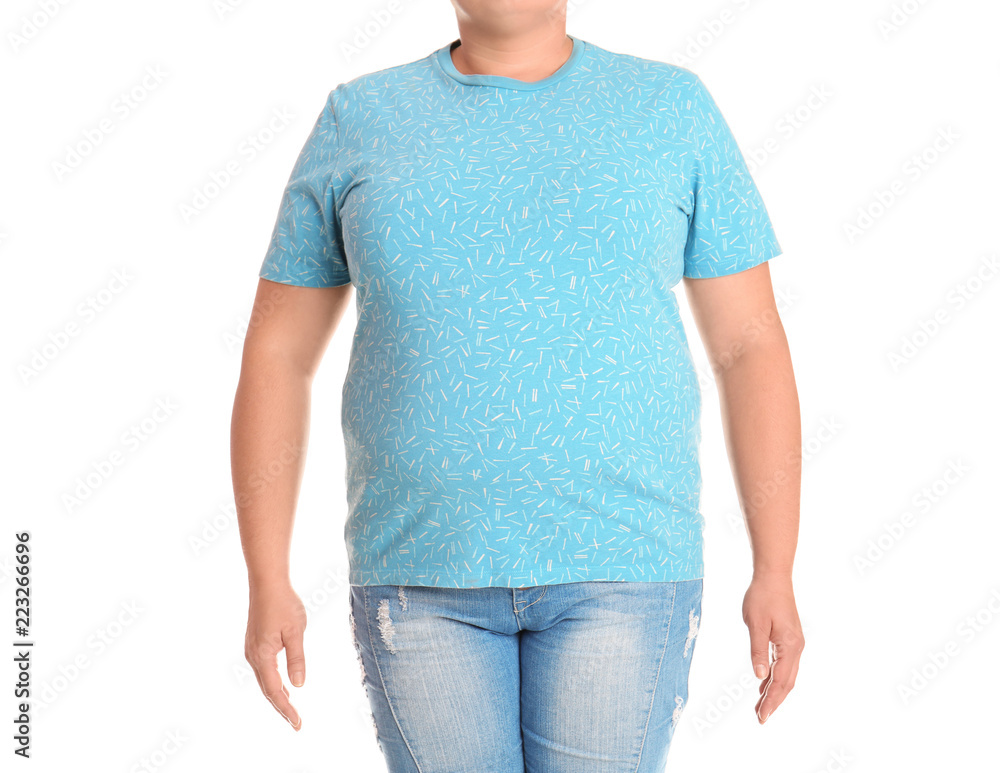 Obraz premium Fat woman on white background, closeup. Weight loss