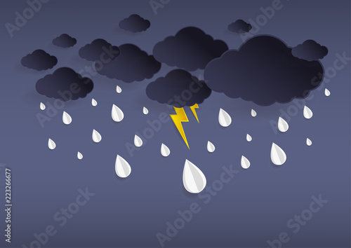 Rainy fall and clouds of thunder strom background. Paper art style. Vector illustration
