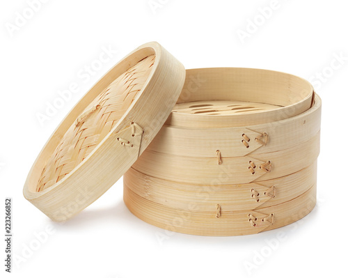 Steamer set made of bamboo on white background
