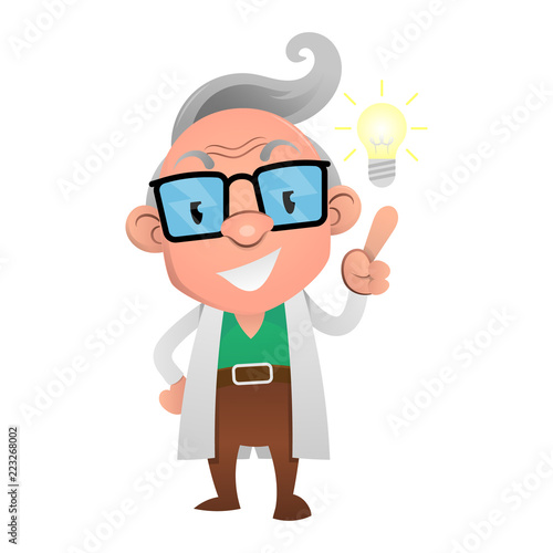 The Professor get an Brilliant Idea with bright lamp logo Cartoon Vector