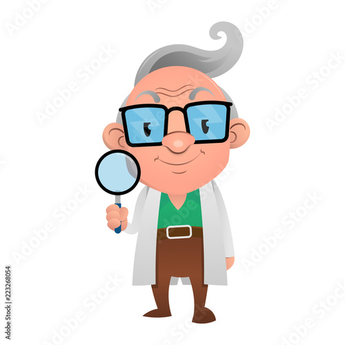 A Professor holding a magnifying glass to discovery a research Cartoon Vector