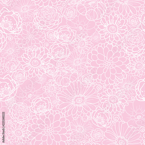 Pink flowers texture vector seamless pattern. Great for spring and summer wallpaper, backgrounds, invitations, packaging design projects. Surface pattern design.