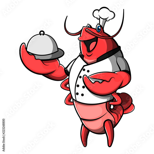 The Red Muscle Lobster Chef serves a Food in Platter Cartoon Vector