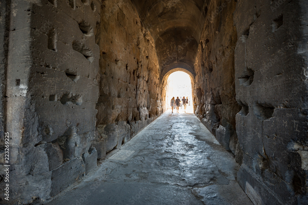 View of the sub floor level tunnels inside the Colosseum, also known as the Flavian amphitheatre in Rome, Italy