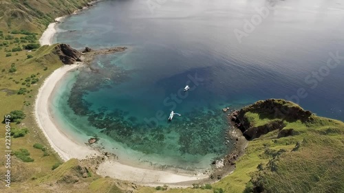 Flying in Komodo Island in east Indonesia. Padar Island and Pink beach. Majestic point of aerial view photo