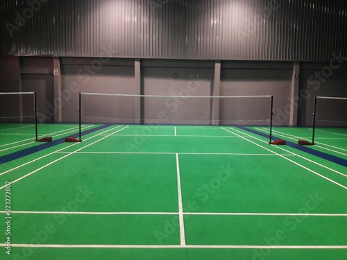 line on green badminton court