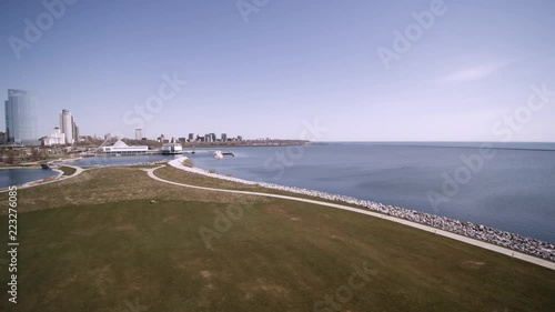 Aerial View of Over Hank Aaron Park, Lake Michigan, Discovery World and Museum. photo