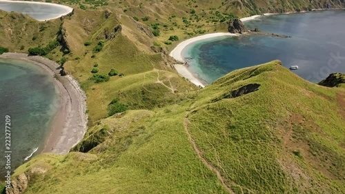 Flying in Komodo Island in east Indonesia. Padar Island and Pink beach. Majestic point of aerial view photo