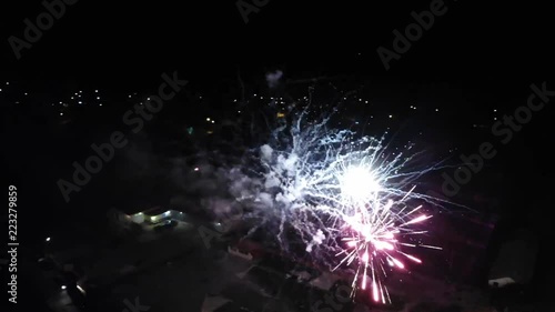 Drone shooting around fireworks in Omurtag, Bulgaria, aerial night footage, filming over the fireworks photo