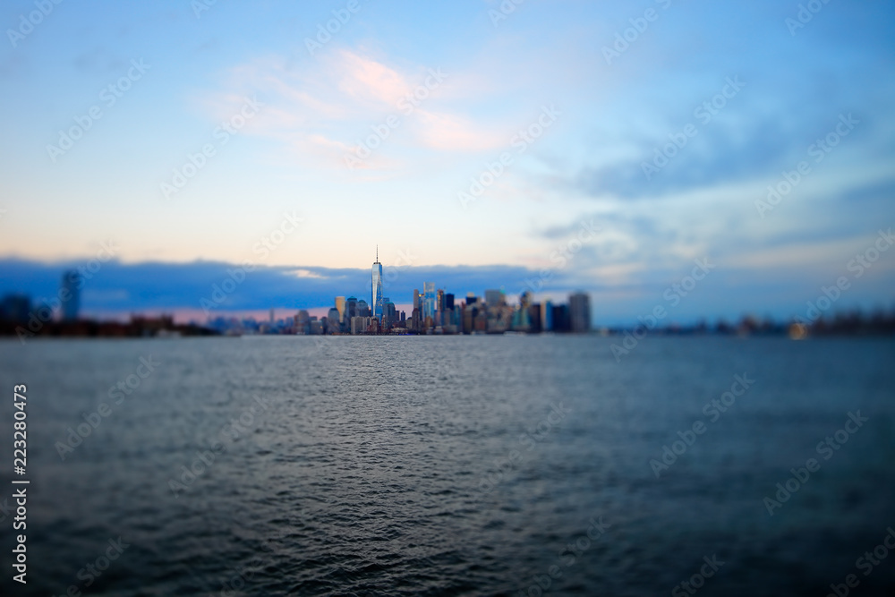 Manhattan in New York City viewed from the Hudson River  trough a tilt shif lens