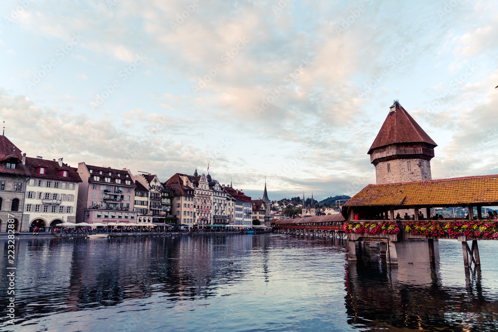 Luzern, Switzerland - August 28, 2018 : View of Luzern city, River Reuss with old building, Luzern, Switzerland.