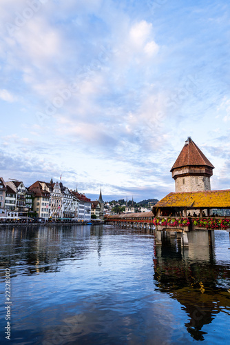 Historic city center of Lucerne with famous Chapel Bridge in Switzerland.