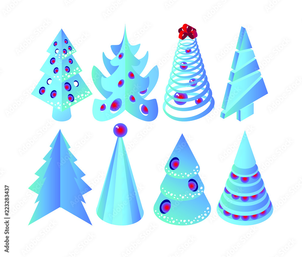 set of cute Christmas trees on a white background. Blue Christmas tree with Christmas toys. Isometric 3d