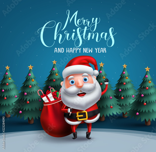 Santa claus vector character carrying bag of christmas gifts with merry christmas text greeting and christmas trees element in blue background. Vector illustration.
