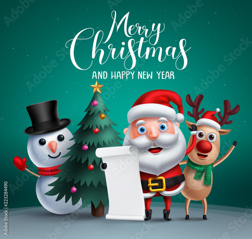Merry christmas vector banner design with christmas character like santa claus, reindeer and snowman holding wish list and a christmas tree element in background. Vector illustration.
